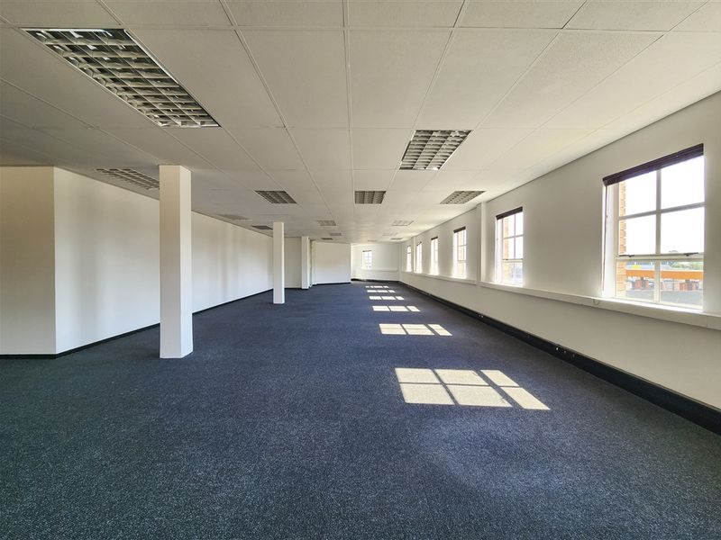 A spacious, open-plan office area featuring a suspended ceiling with recessed lighting, carpeted flooring, and large windows providing ample natural light.