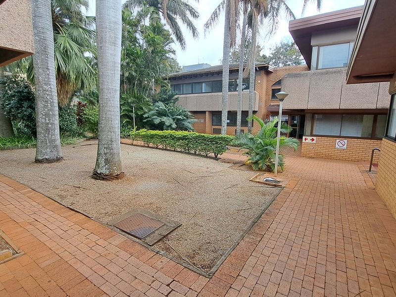 A paved courtyard area between office building wings featuring mature palm trees and gravel landscaping.