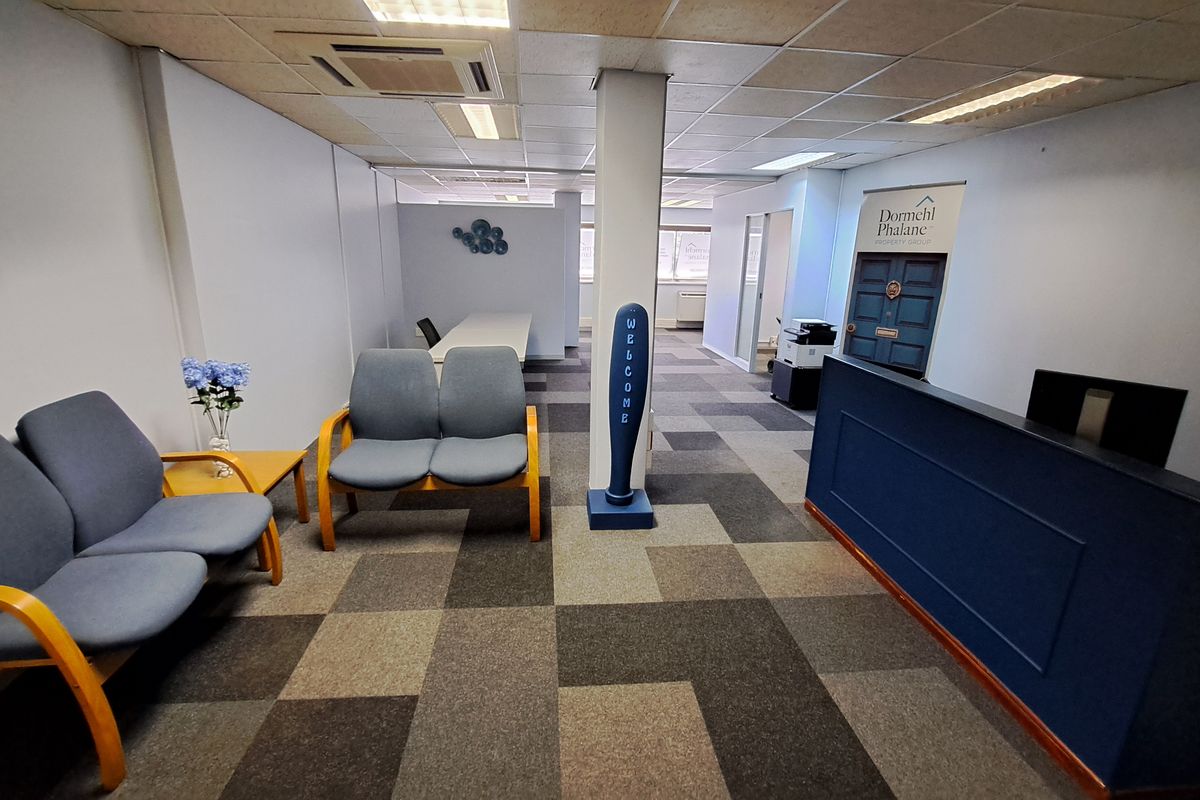 Professional office reception area featuring a built-in reception desk, carpeted flooring, and a suspended ceiling with integrated lighting.