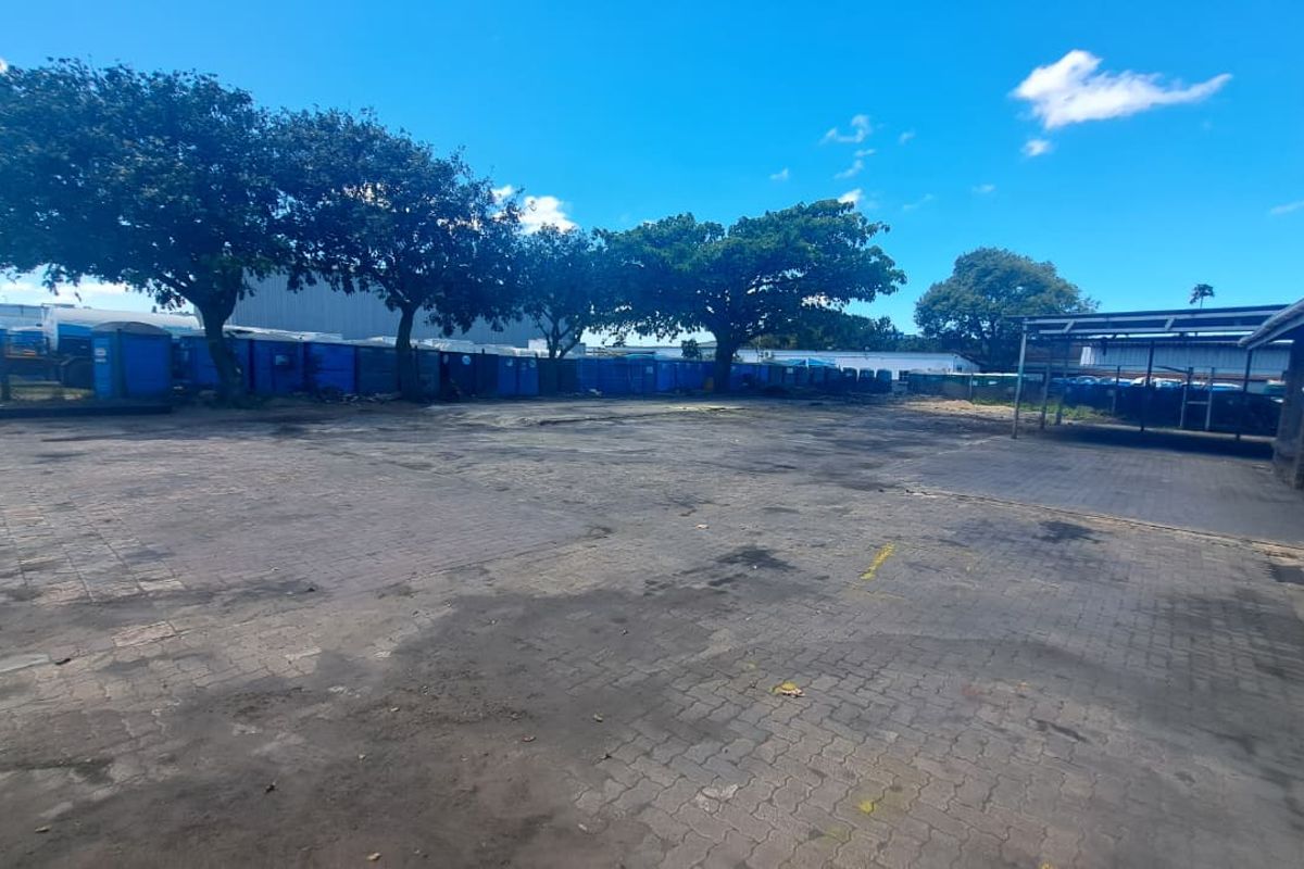 Spacious industrial paved yard area featuring a covered parking structure and mature trees, suitable for storage or vehicle access.