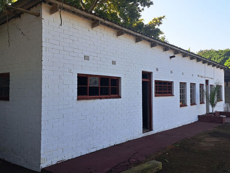 Exterior view of an industrial building featuring painted brick walls, steel-framed windows, and a corrugated roof with exposed rafters.
