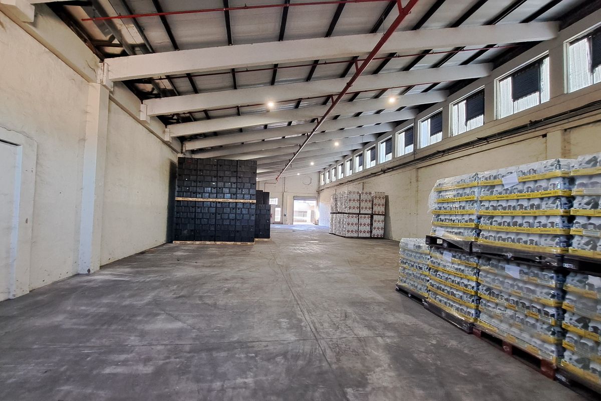Spacious industrial warehouse featuring high ceilings with exposed steel trusses, concrete flooring, fire sprinkler system, and natural light from high-level clerestory windows.