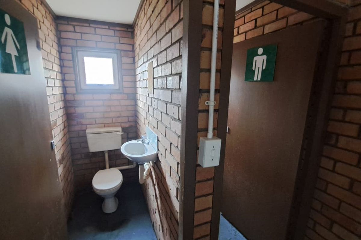 Functional industrial-style restroom facility featuring exposed brick walls, a wall-mounted basin, and a standard toilet.