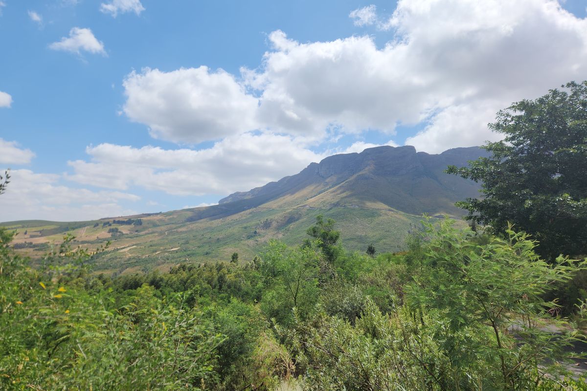 A scenic landscape view showcasing the natural beauty of the surrounding mountains and lush greenery on the farm property.