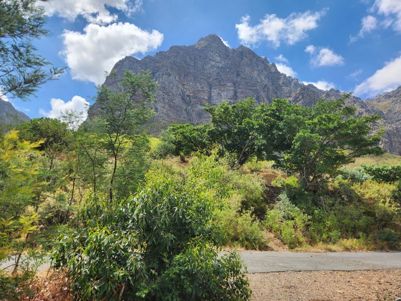 A scenic view of a rugged mountain range set against a blue sky, featuring natural vegetation and a paved access path.