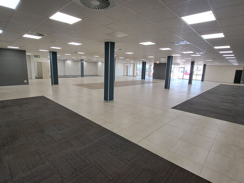 A large, open-plan office space featuring a suspended ceiling, recessed lighting, structural columns, and a combination of tiled and carpeted flooring.