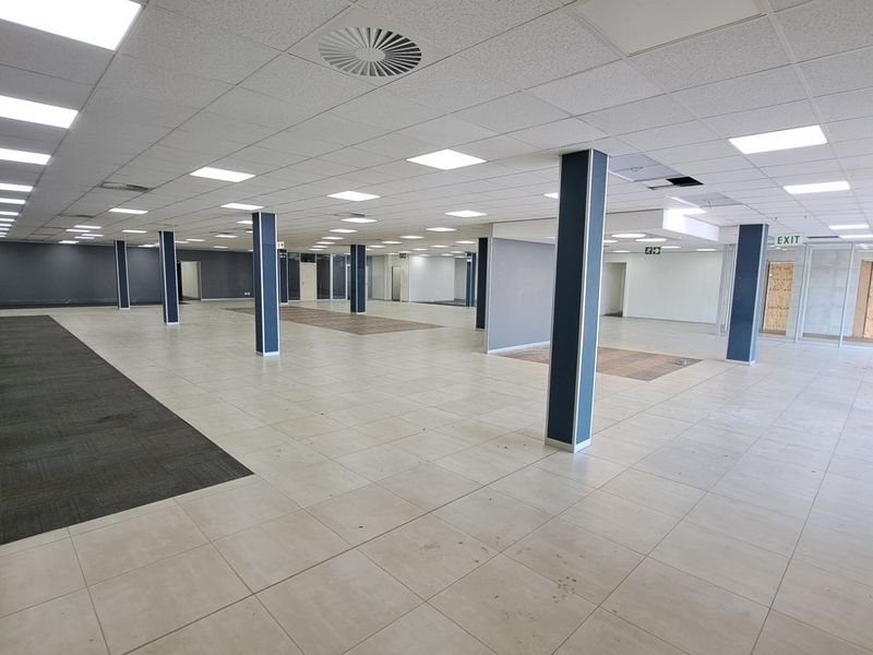 A large, open-plan office space featuring a suspended ceiling with recessed lighting, a mix of tiled and carpeted flooring, and structural support columns.