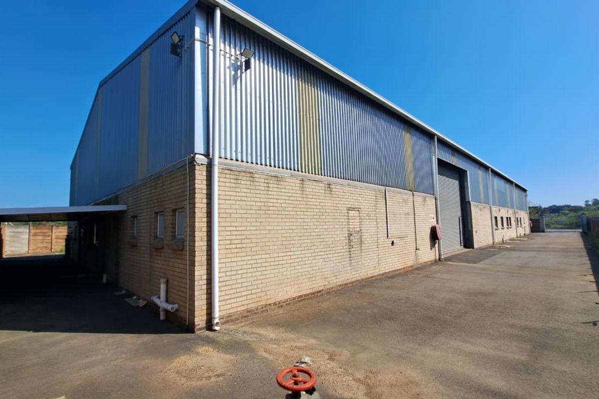 Rear view of an industrial warehouse featuring corrugated metal cladding, face brick walls, and a roller shutter door with an adjacent asphalt yard.