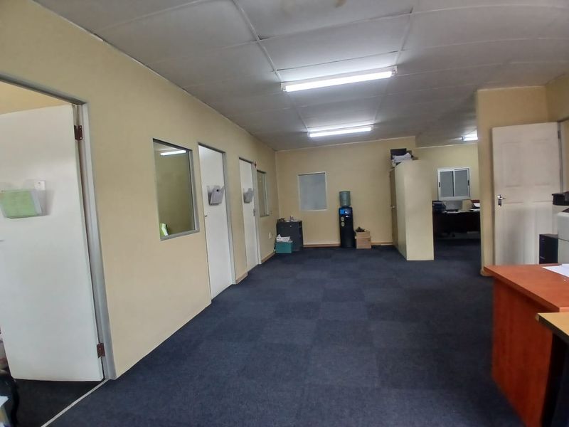 Functional office space featuring carpeted flooring, suspended ceiling with fluorescent lighting, and multiple internal partitioned rooms.