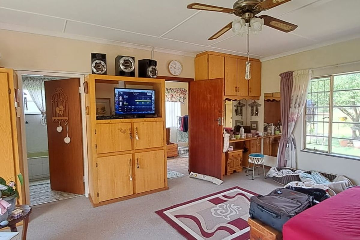 Spacious bedroom featuring built-in wooden cupboards, a ceiling fan, and large windows providing natural light and garden views.