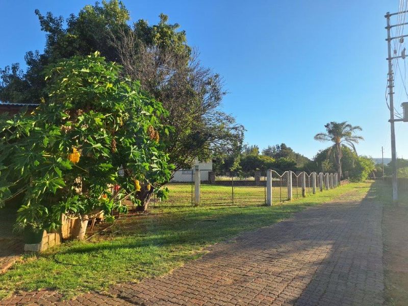 A view of the property grounds featuring a paved driveway, perimeter wire fencing, and established trees on a sunny day.