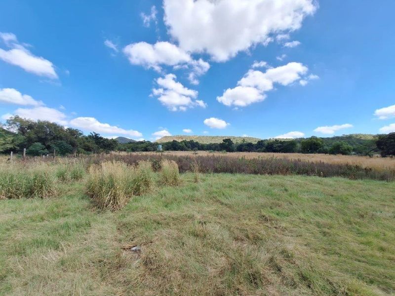 A wide-angle view of open farm land featuring natural grassland and a scenic mountain backdrop under a clear blue sky.
