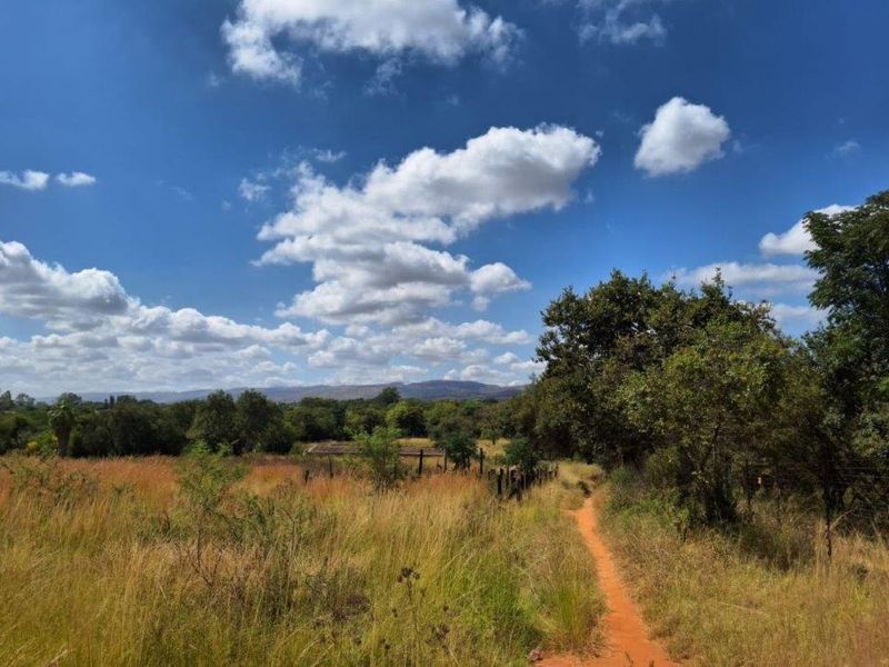 A scenic view of the farm landscape featuring a dirt path, natural vegetation, and a wire fence boundary under a clear blue sky.
