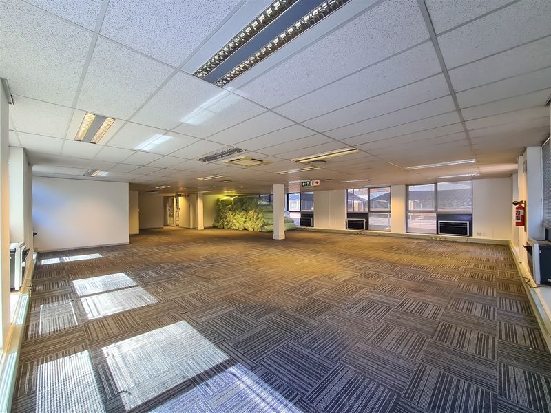 Spacious open-plan office area featuring suspended ceilings, recessed lighting, carpet tiles, and large windows providing ample natural light.
