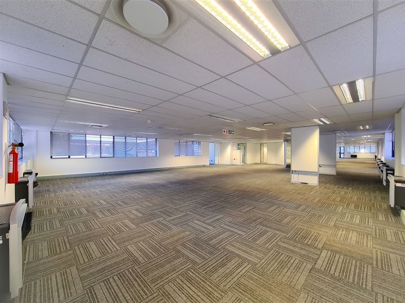 A spacious, open-plan office area featuring carpet tiles, a suspended ceiling with recessed lighting, and large windows with fitted blinds.