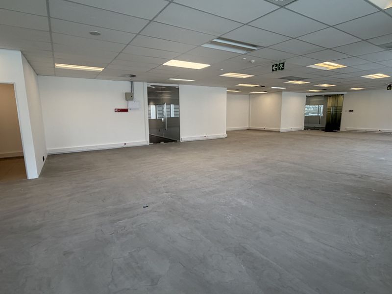 A spacious, open-plan office area featuring a suspended ceiling with recessed lighting, glass partition doors, and polished concrete flooring.