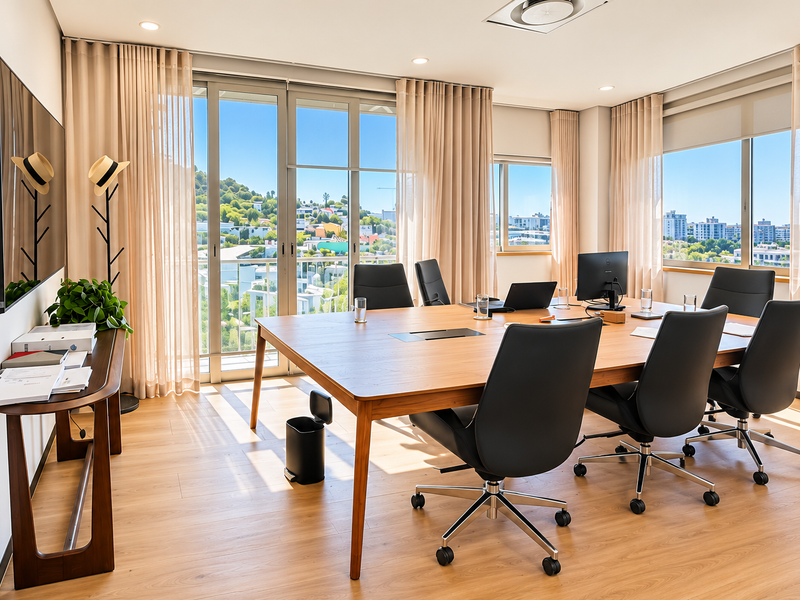 A modern, well-lit office boardroom featuring large glass sliding doors with expansive views, high-quality laminate flooring, and recessed ceiling lighting.