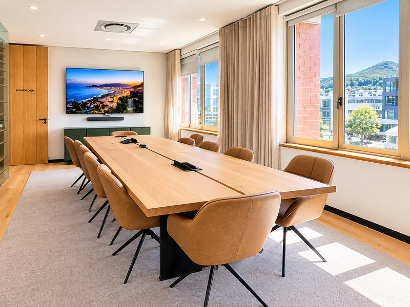 A modern, professional boardroom featuring a large wooden table, integrated ceiling climate control, recessed lighting, and expansive windows with scenic views.