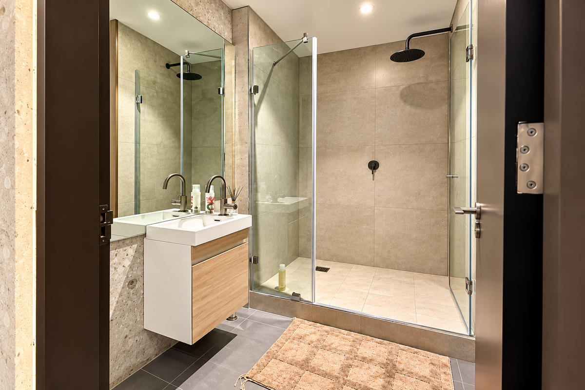 Modern bathroom featuring a walk-in shower with glass enclosure, rain shower head, wall-mounted vanity with integrated basin, and large mirror.