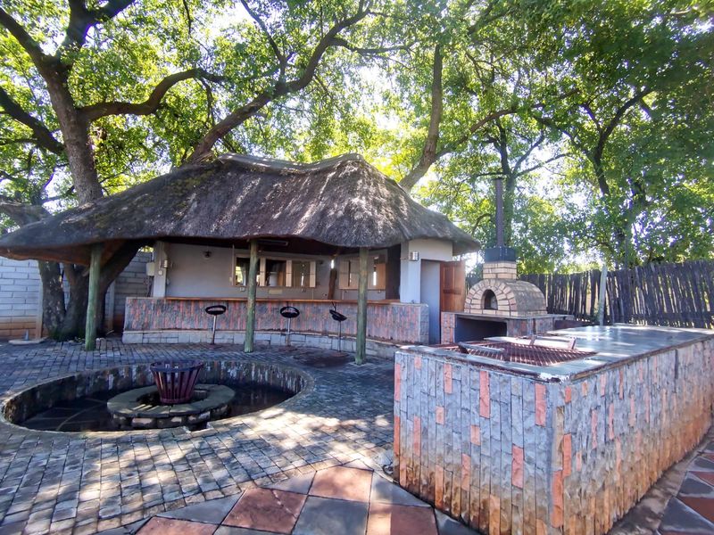 Outdoor entertainment area featuring a thatched roof, built-in braai, pizza oven, and a sunken fire pit set within a paved garden space.