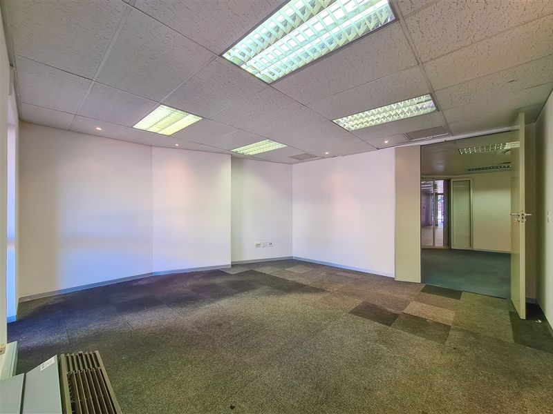 An empty, open-plan office space featuring a suspended ceiling with recessed lighting and carpeted flooring, offering a blank canvas for professional use.