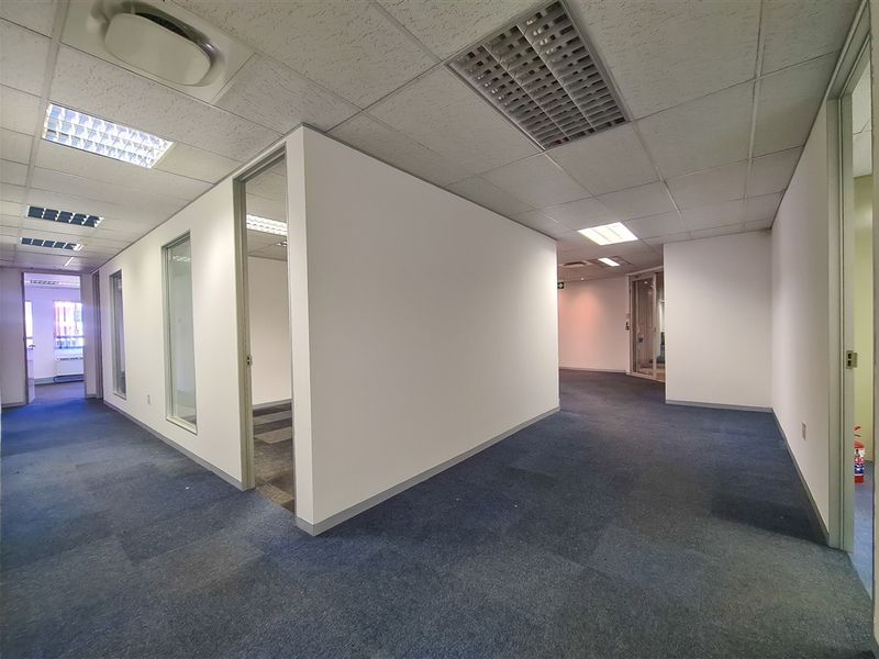 Spacious office interior featuring a modular layout with glass partitions, suspended ceilings, and carpeted flooring, suitable for a professional workspace.