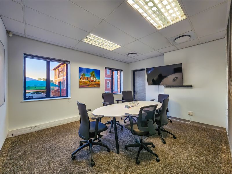 A professional office meeting room featuring a suspended ceiling, recessed lighting, carpeted flooring, and large windows providing natural light.