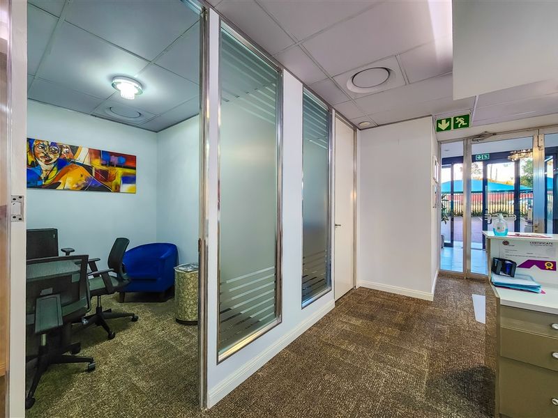 Professional office space featuring glass partitions, carpeted flooring, a reception area, and a suspended ceiling with integrated lighting.