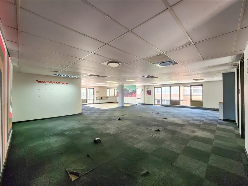 Spacious open-plan office area featuring a suspended ceiling, recessed lighting, and large windows, currently vacant with worn carpet flooring requiring attention.