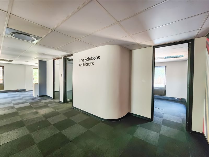 An open-plan office space featuring a curved feature wall, suspended ceiling tiles, and dark carpet flooring, providing a versatile layout for professional use.