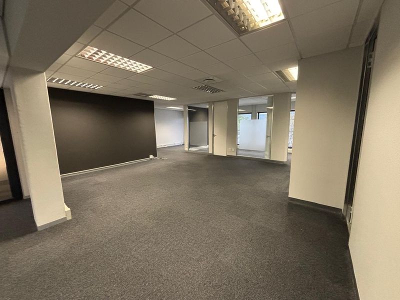 Spacious open-plan office area featuring neutral carpeting, suspended ceilings with recessed lighting, and modern glass partitions for a professional workspace environment.