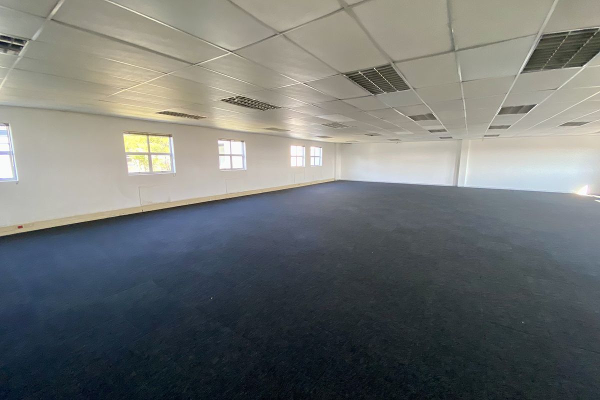A spacious, open-plan office area featuring a suspended grid ceiling with integrated lighting and large windows providing natural light.