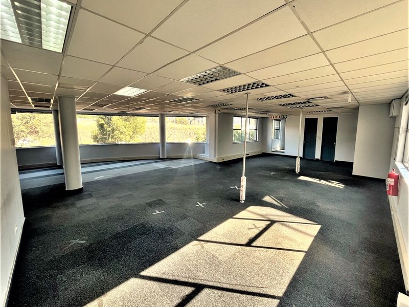 Spacious open-plan office area featuring large windows, suspended ceilings with recessed lighting, and carpeted flooring, offering a versatile workspace environment.