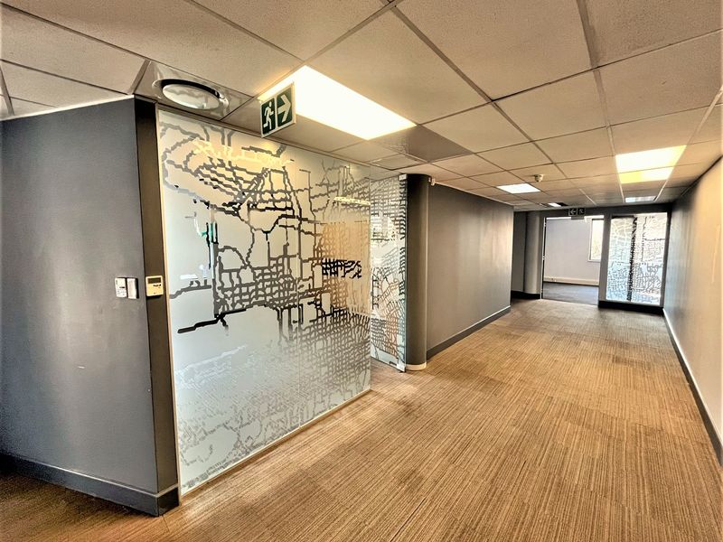 A modern office hallway featuring a decorative glass partition, suspended ceiling with recessed lighting, and neutral carpet flooring.
