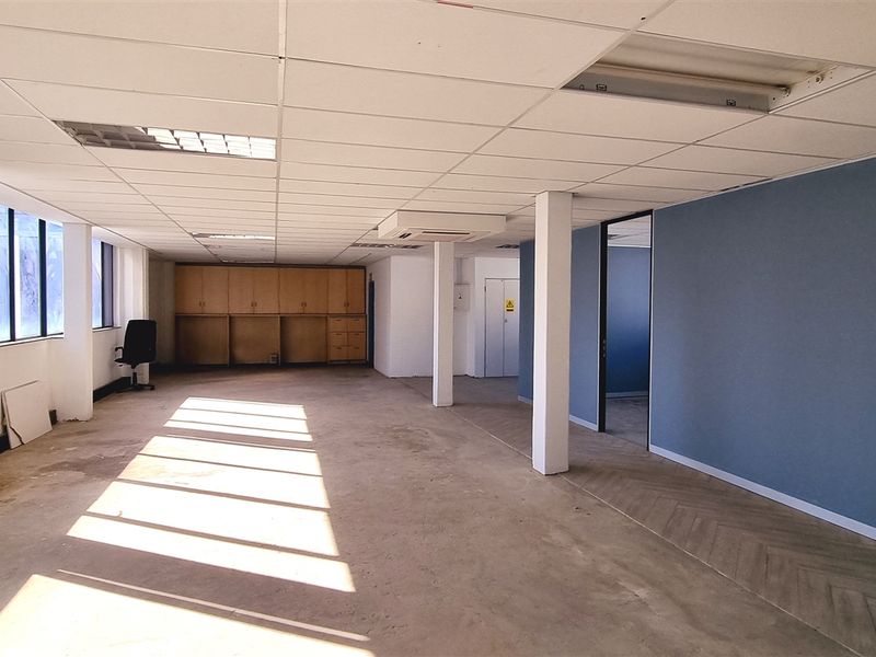 Open plan office space featuring large windows, suspended ceiling grid, and built-in wooden cabinetry.