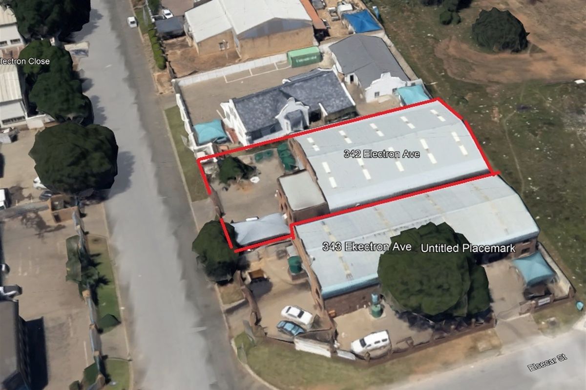 Aerial view of the industrial property located at 342 Electron Avenue, showcasing the warehouse structure and surrounding site layout.