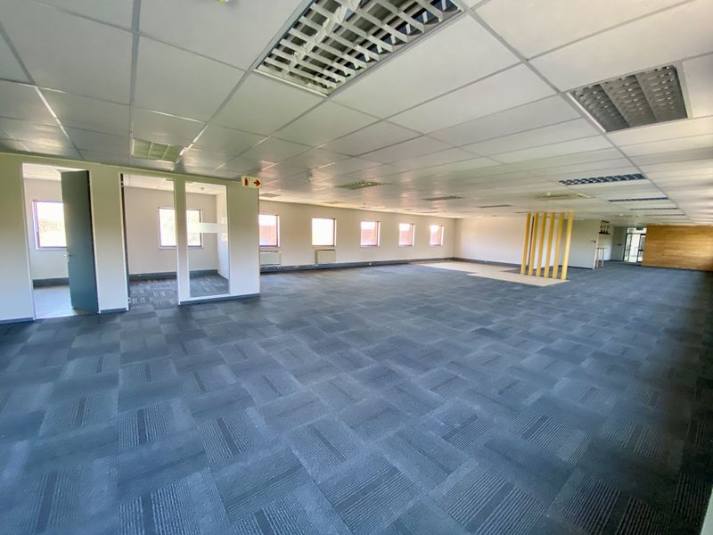 Spacious open-plan industrial office area featuring suspended ceiling tiles, recessed lighting, and carpeted flooring with partitioned office sections.