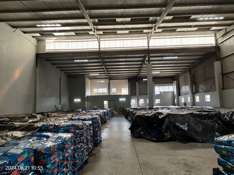 Spacious industrial warehouse featuring high-clearance ceilings, exposed steel structural framing, concrete flooring, and integrated high-bay lighting, suitable for storage or manufacturing operations.