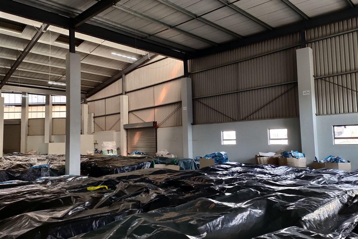 Spacious industrial warehouse featuring a high-clearance steel portal frame, corrugated metal roofing, concrete support columns, and a functional roller shutter door.