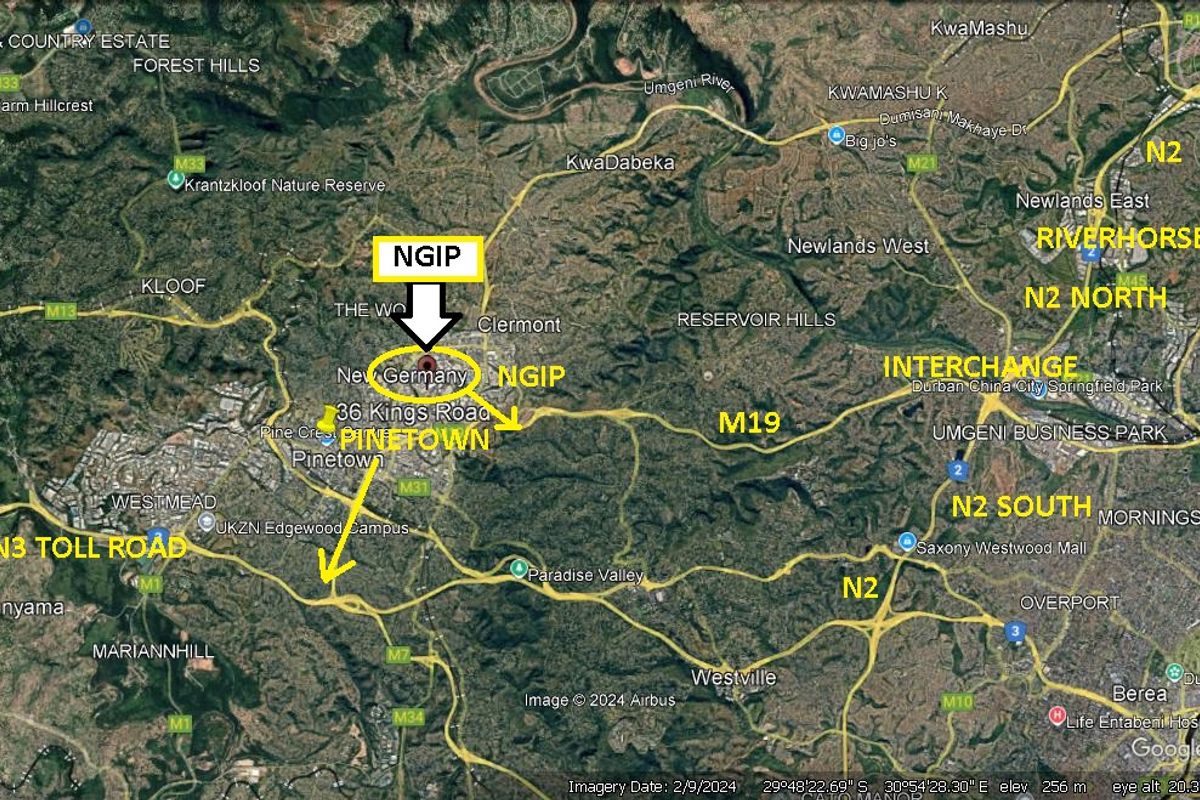 An aerial map view highlighting the location of the property in New Germany, Pinetown, with proximity to major transport routes and industrial hubs.