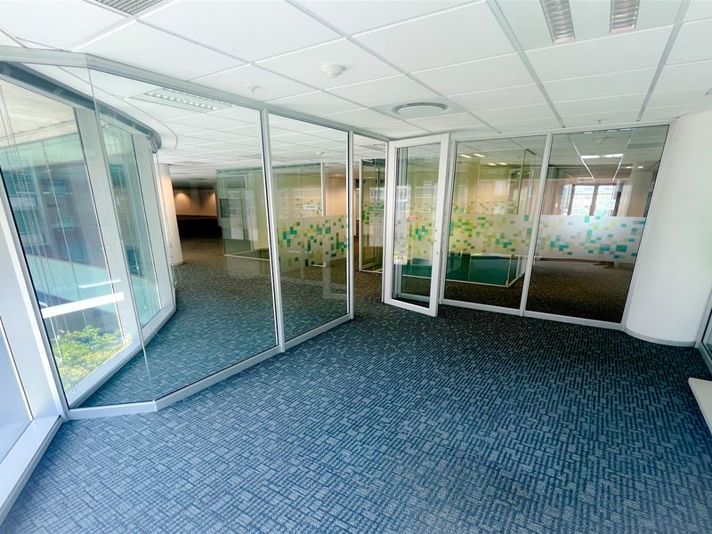 Modern office space featuring glass partitioning, suspended ceilings, and carpeted flooring, offering a bright and professional environment.