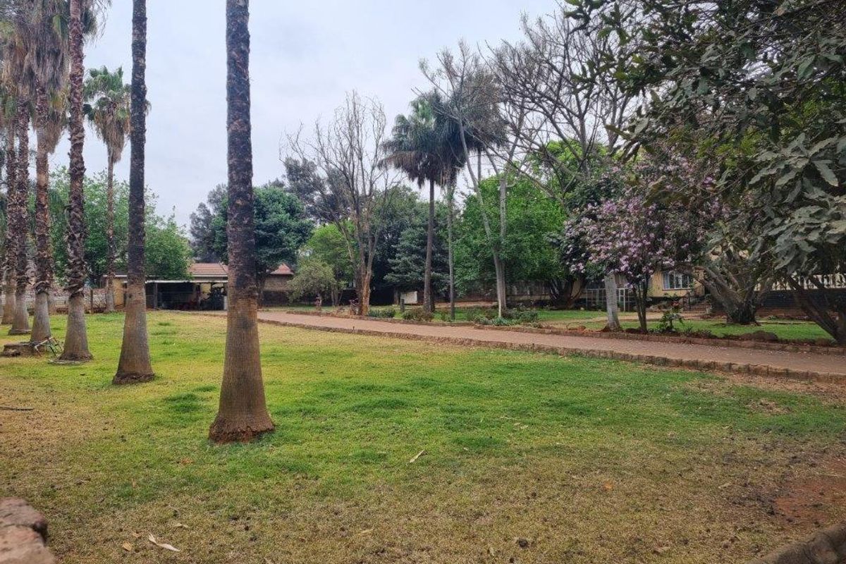 A spacious, well-established garden featuring mature palm trees, expansive lawn areas, and a paved pathway winding through the property grounds.