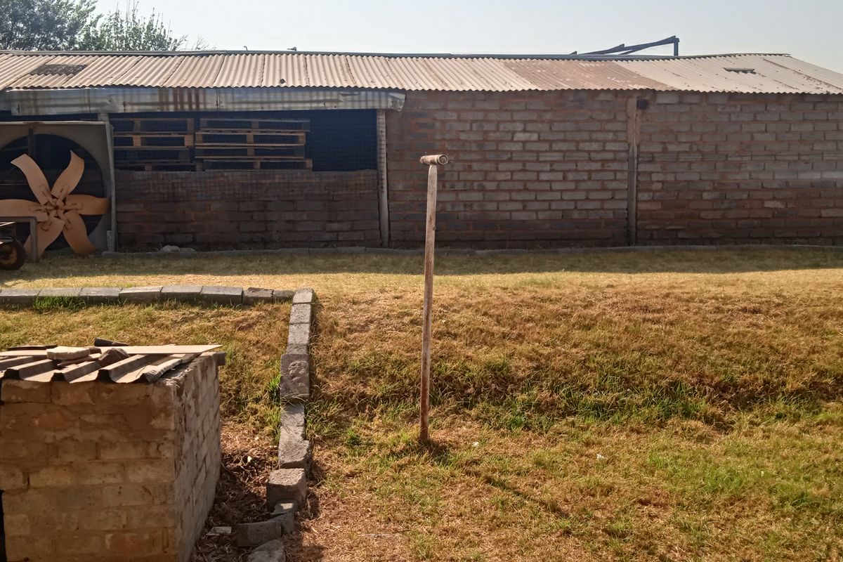 Rear exterior view of a utility building featuring exposed brick walls, corrugated metal roofing, and an industrial ventilation fan set within a garden area.