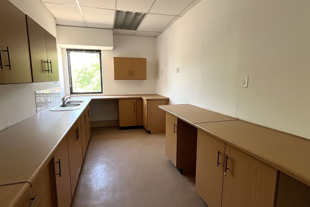 A functional office kitchenette featuring laminate cabinetry, a stainless steel sink, and a drop ceiling with integrated lighting.