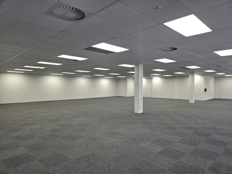 Spacious open-plan office area featuring a suspended ceiling with recessed lighting, carpeted flooring, and structural support columns.