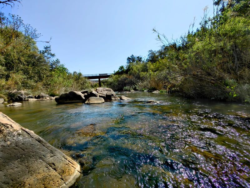 A scenic view of a natural river flowing through the farm property, featuring rock formations and a bridge in the distance.