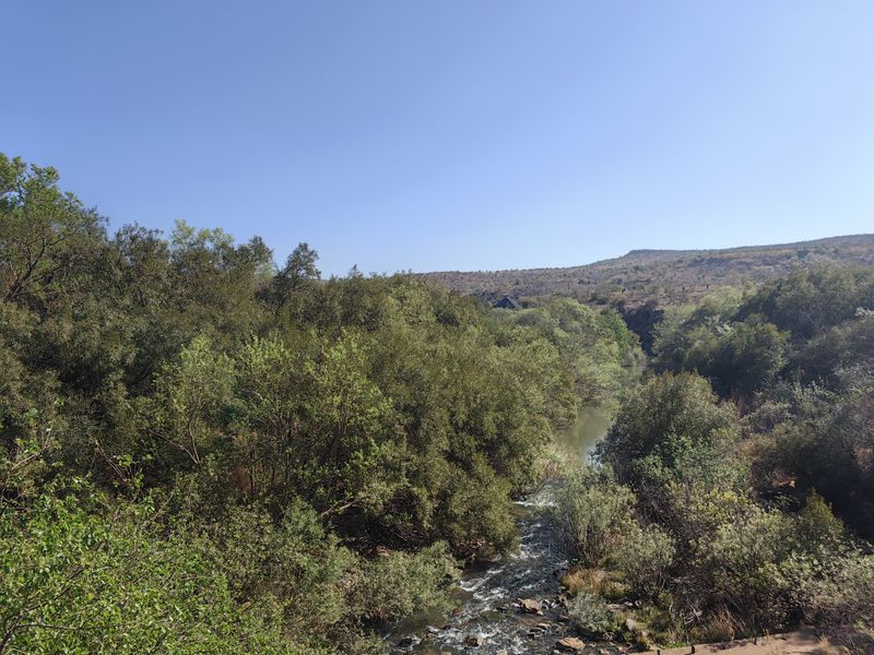 A scenic view of a flowing river surrounded by dense natural vegetation and rolling hills on a clear day.