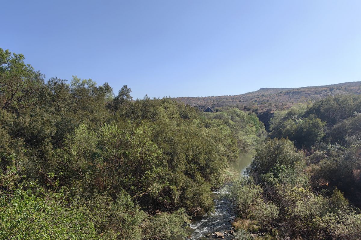 A scenic view of a flowing river surrounded by dense natural vegetation and rolling hills on a clear day.