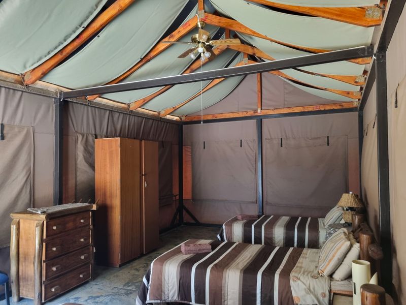 A rustic bedroom within a tented structure featuring exposed timber rafters, a ceiling fan, and canvas walls, offering a unique safari-style accommodation experience.