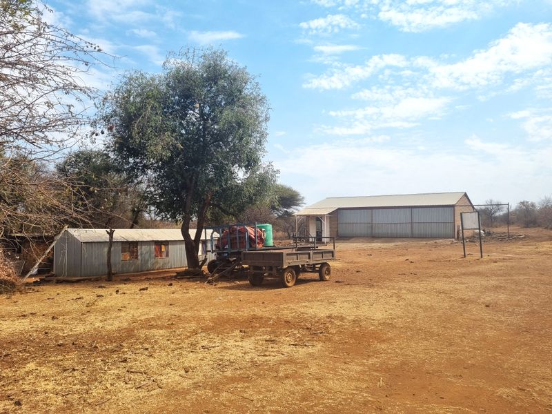 View of the farm yard featuring a corrugated metal shed and a large workshop building set within a rural landscape.